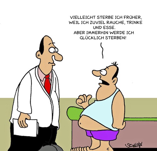 Cartoon: Glücklich (medium) by Karsten Schley tagged gesundheit,ernährung,übergewicht,rauchen,trinken,alkohol,essen,gesellschaft,deutschland,gesundheit,übergewicht,rauchen,trinken,alkohol,essen,gesellschaft,deutschland