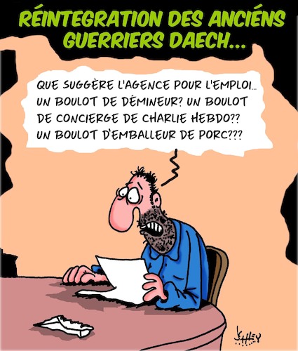 Cartoon: Guerriers (medium) by Karsten Schley tagged daech,terrorisme,politique,religion,reintegration,europe,daech,terrorisme,politique,religion,reintegration,europe