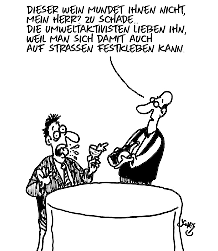 Cartoon: Guter Geschmack (medium) by Karsten Schley tagged restaurants,gastronomie,wein,geschmack,umwelt,umweltaktivisten,klimakleber,politik,medien,gesellschaft,restaurants,gastronomie,wein,geschmack,umwelt,umweltaktivisten,klimakleber,politik,medien,gesellschaft