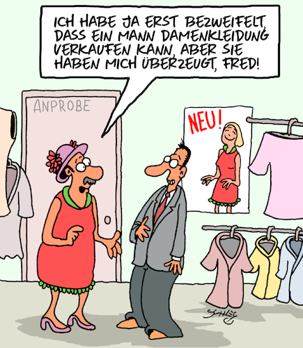 Cartoon: Guter Verkäufer (medium) by Karsten Schley tagged verkäufer,umsätze,verkaufen,mode,kleidung,männer,frauen,arbeitgeber,arbeitnehmer,skills,gesellschaft,verkäufer,umsätze,verkaufen,mode,kleidung,männer,frauen,arbeitgeber,arbeitnehmer,skills,gesellschaft