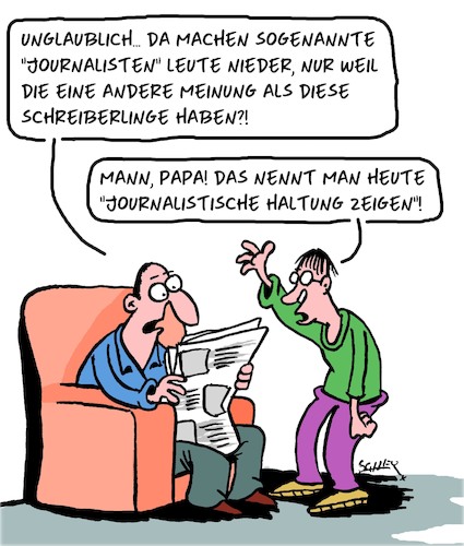 Cartoon: Haltung? (medium) by Karsten Schley tagged journalismus,pressefreiheit,demokratie,meinungen,medien,gesellschaft,bevormundung,journalismus,pressefreiheit,demokratie,meinungen,medien,gesellschaft,bevormundung