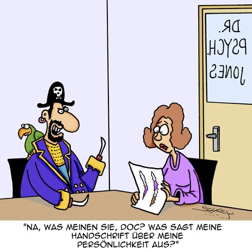 Cartoon: Handschrift (medium) by Karsten Schley tagged psychologie,analyse,piraten,jobs,handschrift,persönlichkeit,ärzte,psychologie,analyse,piraten,jobs,handschrift,persönlichkeit,ärzte