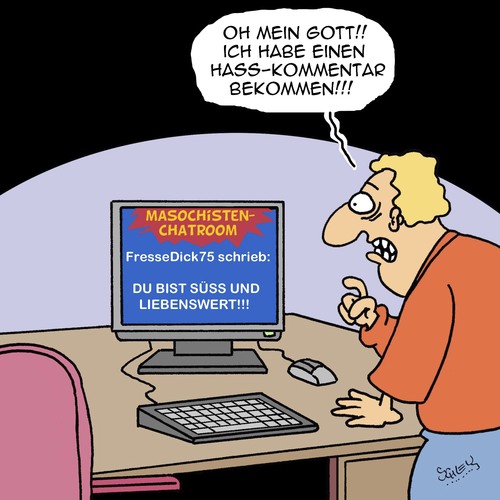 Cartoon: Hass!! (medium) by Karsten Schley tagged internet,computer,chatrooms,social,media,technik,kommentare,hasskommentare,benehmen,masochismus,internet,computer,chatrooms,social,media,technik,kommentare,hasskommentare,benehmen,masochismus