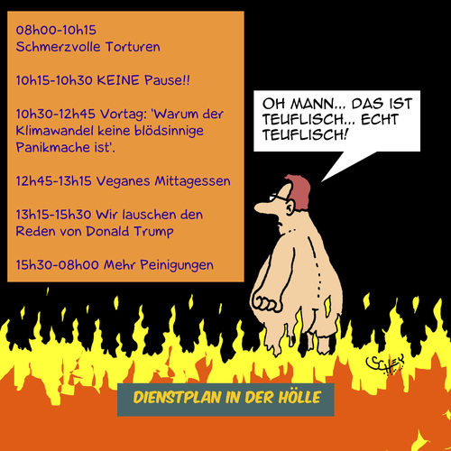 Cartoon: Höllischer Dienstplan (medium) by Karsten Schley tagged religion,christentum,arbeit,hölle,dienstpläne,klima,politik,glaube,religion,christentum,arbeit,hölle,dienstpläne,klima,politik,glaube