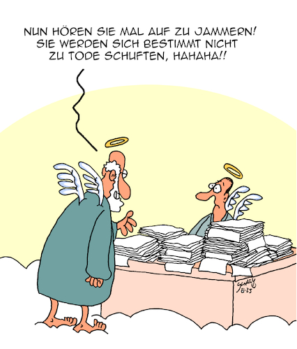 Cartoon: Hör auf zu jammern! (medium) by Karsten Schley tagged arbeit,arbeitsbelastung,worklifebalance,arbeitgeber,arbeitnehmer,tod,himmel,petrus,religion,christentum,gesellschaft,arbeit,arbeitsbelastung,worklifebalance,arbeitgeber,arbeitnehmer,tod,himmel,petrus,religion,christentum,gesellschaft