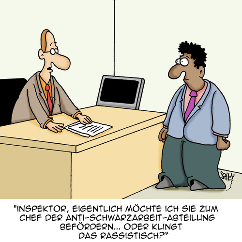 Cartoon: Ich seh schwarz... (medium) by Karsten Schley tagged schwarzarbeit,zoll,polizei,karriere,jobs,beförderung,gesetze,justiz,kriminalität,migration,migrationshintergrund,ausländer,inländer,gesellschaft,beförderung,jobs,karriere,polizei,zoll,schwarzarbeit,gesetze,justiz,kriminalität,migration,migrationshintergrund,ausländer,inländer,gesellschaft