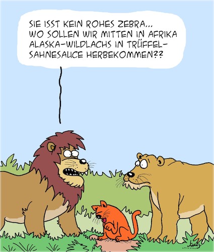 Cartoon: Katzenfutter (medium) by Karsten Schley tagged natur,wildtiere,köwen,katzen,katzenfutter,zebras,afrika,umwelt,natur,wildtiere,köwen,katzen,katzenfutter,zebras,afrika,umwelt