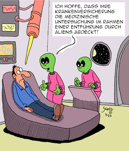 Cartoon: Krankenversicherung (medium) by Karsten Schley tagged krankheit,krankenversicherung,gesundheit,aliens,scifi,raumfahrt,krankenkassenleistungen,gesellschaft,politik,krankheit,krankenversicherung,gesundheit,aliens,scifi,raumfahrt,krankenkassenleistungen,gesellschaft,politik