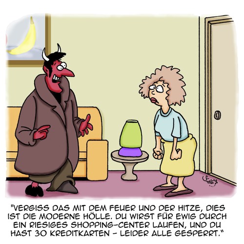 Cartoon: Kreditkarten (medium) by Karsten Schley tagged shopping,geld,kredite,kreditkarten,frauen,einkaufen,umsätze,business,wirtschaft,religion,hölle,shopping,geld,kredite,kreditkarten,frauen,einkaufen,umsätze,business,wirtschaft,religion,hölle