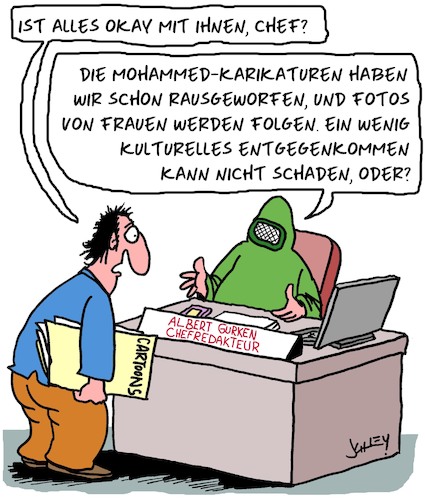 Cartoon: Kulturelle Zugeständnisse (medium) by Karsten Schley tagged presse,medien,religion,kultur,kunst,karikaturen,anpassung,politik,demokratie,pressefreiheit,gesellschaft,presse,medien,religion,kultur,kunst,karikaturen,anpassung,politik,demokratie,pressefreiheit,gesellschaft