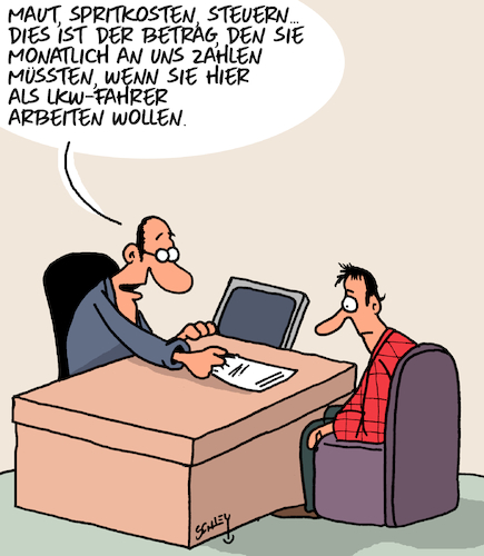 Cartoon: LKW-Fahrer gesucht! (medium) by Karsten Schley tagged politik,transport,versorgung,lkw,fahrermangel,kostenexplosion,maut,mautverdoppelung,spritkosten,inflation,speditionen,geld,versorgungssicherheit,gesellschaft,deutschland,europa,politik,transport,versorgung,lkw,fahrermangel,kostenexplosion,maut,mautverdoppelung,spritkosten,inflation,speditionen,geld,versorgungssicherheit,gesellschaft,deutschland,europa