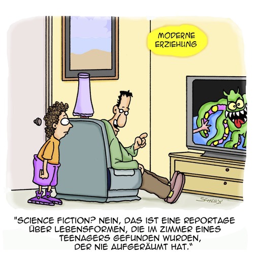 Cartoon: Moderne Erziehung (medium) by Karsten Schley tagged erziehung,kinder,eltern,familie,teenager,aufräumen,ordnung,gesellschaft,monster,science,fiction,jugend,jugendliche,erziehung,kinder,eltern,familie,teenager,aufräumen,ordnung,gesellschaft,monster,science,fiction,jugend,jugendliche