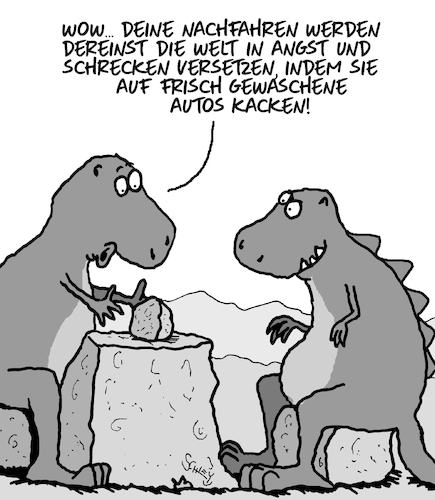 Cartoon: Nachkommen (medium) by Karsten Schley tagged tiere,evolution,natur,erde,geschichte,dinosaurier,zukunft,vögel,autos,gesellschaft,tiere,evolution,natur,erde,geschichte,dinosaurier,zukunft,vögel,autos,gesellschaft