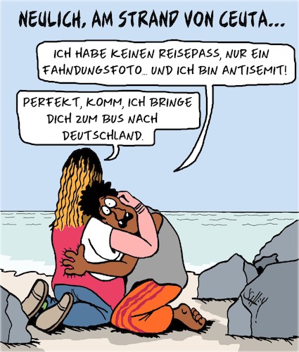 Cartoon: Neulich in Ceuta (medium) by Karsten Schley tagged flüchtlinge,antisemitismus,einwanderung,ceuta,religion,politik,europa,deutschland,flüchtlinge,antisemitismus,einwanderung,ceuta,religion,politik,europa,deutschland