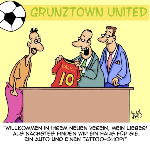 Cartoon: Neuverpflichtung (medium) by Karsten Schley tagged tattoos,wirtschaft,business,sport,spieler,clubs,vereine,fussballprofis,neuverpflichtung,fussball,fussball,neuverpflichtung,fussballprofis,vereine,clubs,spieler,sport,business,wirtschaft,tattoos