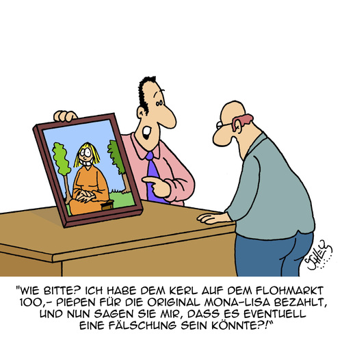 Cartoon: Nicht zu glauben!! (medium) by Karsten Schley tagged kunst,flohmärkte,verkäufer,käufer,fälschungen,kunstfälscher,mona,lisa,verbrechen,geld,kunst,flohmärkte,verkäufer,käufer,fälschungen,kunstfälscher,mona,lisa,verbrechen,geld