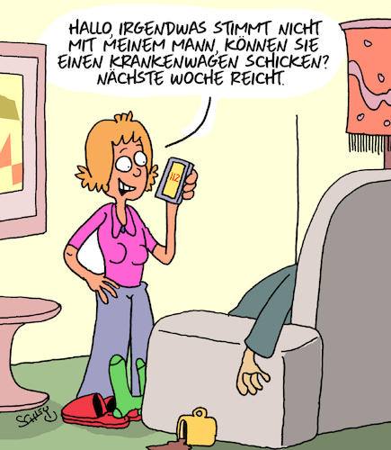 Cartoon: Notruf (medium) by Karsten Schley tagged notfall,notärzte,ehe,männer,frauen,gesundheit,liebe,beziehungen,familie,gesellschaft,notfall,notärzte,ehe,männer,frauen,gesundheit,liebe,beziehungen,familie,gesellschaft