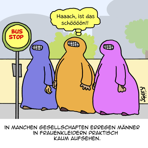 Cartoon: Offene Gesellschaft (medium) by Karsten Schley tagged gesellschaft,religion,männer,frauen,toleranz,sexualität,kleidung,mode,gesellschaft,religion,männer,frauen,toleranz,sexualität,kleidung,mode