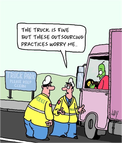 Cartoon: Outsourcing (medium) by Karsten Schley tagged transport,trucks,drivers,outsourcing,business,economy,wages,money,profits,police,politics,transport,trucks,drivers,outsourcing,business,economy,wages,money,profits,police,politics