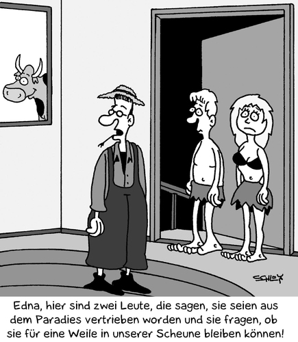 Cartoon: Paradies (medium) by Karsten Schley tagged landwirtschaft,bauern,religion,vertreibung,paradies,adam,eva,menschheit,geschichte,landwirtschaft,bauern,religion,vertreibung,paradies,adam,eva,menschheit,geschichte