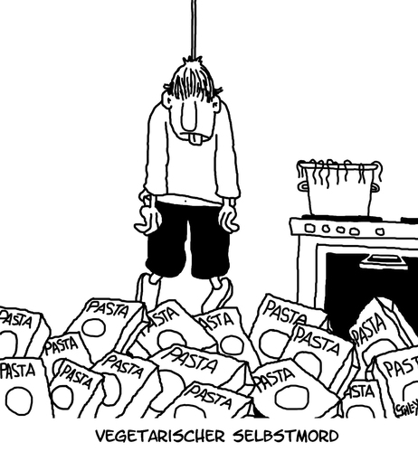 Cartoon: Pasta (medium) by Karsten Schley tagged pasta,ernährung,selbstmord,vegetarier,psychologie,gesundheit,pasta,ernährung,selbstmord,vegetarier,psychologie,gesundheit