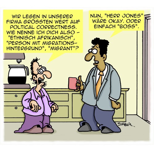 Cartoon: Politisch korrekt (medium) by Karsten Schley tagged ethnien,zuwanderung,zuwanderer,migrationshintergrund,migration,arbeit,business,wirtschaft,ethik,correctness,political,korrect,politisch,politik,jobs,migration,migrationshintergrund,zuwanderer,zuwanderung,ethnien,ethik,wirtschaft,business,arbeit,jobs,politik,politisch,korrect,political,correctness