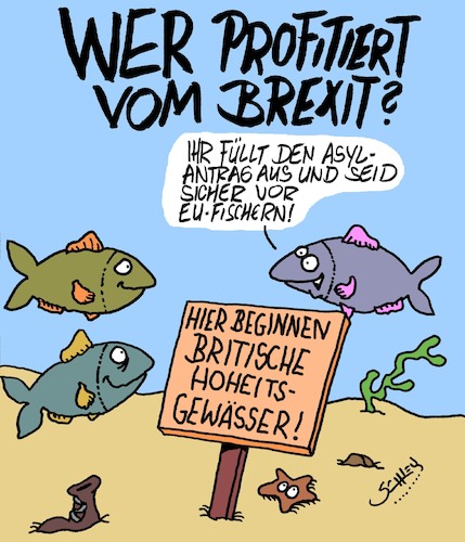 Cartoon: Profiteure (medium) by Karsten Schley tagged brexit,uk,europa,politik,immigration,asyl,verhandlungen,demokratie,gesellschaft,fischerei,tiere,brexit,uk,europa,politik,immigration,asyl,verhandlungen,demokratie,gesellschaft,fischerei,tiere