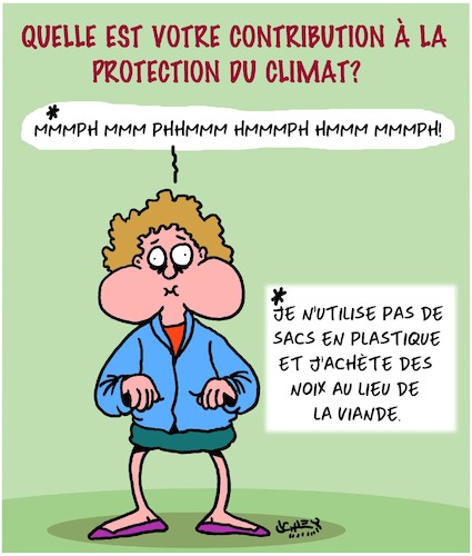 Cartoon: Protection du Climat (medium) by Karsten Schley tagged sacs,plastiques,viande,nutrition,climat,consommateurs,politique,sacs,plastiques,viande,nutrition,climat,consommateurs,politique