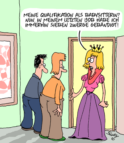 Cartoon: Qualifikation (medium) by Karsten Schley tagged jobqualifikation,arbeit,arbeitgeber,arbeitnehmer,märchen,legenden,medien,schneewittchen,babysitter,familien,kinder,männer,frauen,gesellschaft,jobqualifikation,arbeit,arbeitgeber,arbeitnehmer,märchen,legenden,medien,schneewittchen,babysitter,familien,kinder,männer,frauen,gesellschaft