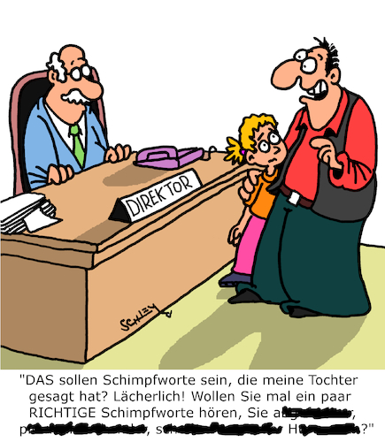 Cartoon: Schimpfworte (medium) by Karsten Schley tagged kinder,eltern,lehrer,schule,bildung,elternsprechstunde,erziehung,ausdrucksweise,sprache,gesellschaft,kinder,eltern,lehrer,schule,bildung,elternsprechstunde,erziehung,ausdrucksweise,sprache,gesellschaft