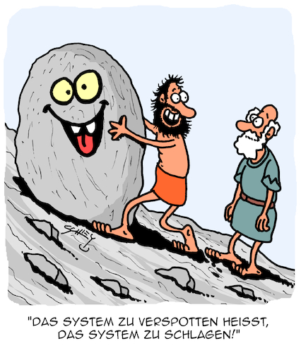 Cartoon: Schlag das System (medium) by Karsten Schley tagged wirtschaft,philosophie,jobs,leben,absurdität,sisyphos,legenden,mythen,geschichte,systemkritik,politik,gesellschaft,wirtschaft,philosophie,jobs,leben,absurdität,sisyphos,legenden,mythen,geschichte,systemkritik,politik,gesellschaft