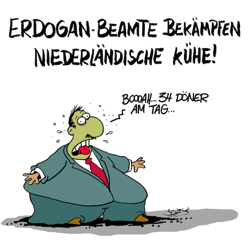 Cartoon: Sein Kampf (medium) by Karsten Schley tagged türkei,niederlande,politik,erdogan,rutte,wahlen,diplomatie,kühe,demokratie,türkei,niederlande,politik,erdogan,rutte,wahlen,diplomatie,kühe,demokratie