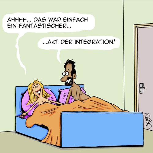 Cartoon: SO geht Integration (medium) by Karsten Schley tagged integration,flüchtlinge,einwanderer,gesellschaft,männer,frauen,liebe,politik,integration,flüchtlinge,einwanderer,gesellschaft,männer,frauen,liebe,sex,politik