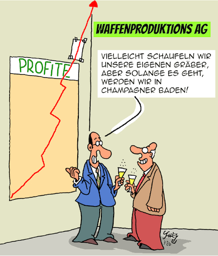 Cartoon: Solange es geht (medium) by Karsten Schley tagged politik,waffen,waffenproduzenten,gewinne,wirtschaft,aktien,börse,krieg,verteidigung,menschheit,gesellschaft,politik,waffen,waffenproduzenten,gewinne,wirtschaft,aktien,börse,krieg,verteidigung,menschheit,gesellschaft