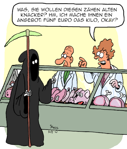 Cartoon: SUPER Angebot!! (medium) by Karsten Schley tagged einzelhandel,ernährung,schlachterei,angebote,leben,tod,alter,jobs,gesellschaft,einzelhandel,ernährung,schlachterei,angebote,leben,tod,alter,jobs,gesellschaft