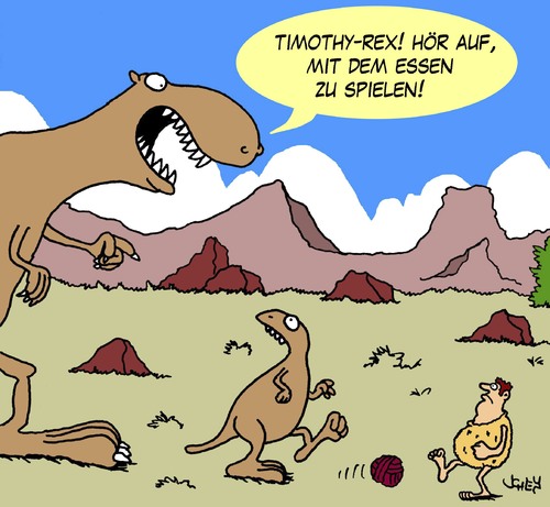 Cartoon: T-Rex (medium) by Karsten Schley tagged essen,spielen,kinder,prähistorisch,geschichte,tiere,ernährung,tiere,geschichte,kinder,spielen,essen,ernährung,dinosaurier,trex