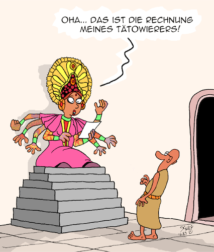 Cartoon: Tattoos (medium) by Karsten Schley tagged tattoos,tätowierer,göttinnen,religion,rechnungen,körperschmuck,kunst,tattoos,tätowierer,göttinnen,religion,rechnungen,körperschmuck,kunst