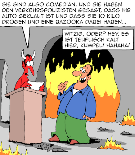 Cartoon: Teuflisch lustig (medium) by Karsten Schley tagged verkehr,polizei,kontrollen,waffen,drogen,hölle,teufel,comedians,witze,verkehr,polizei,kontrollen,waffen,drogen,hölle,teufel,comedians,witze