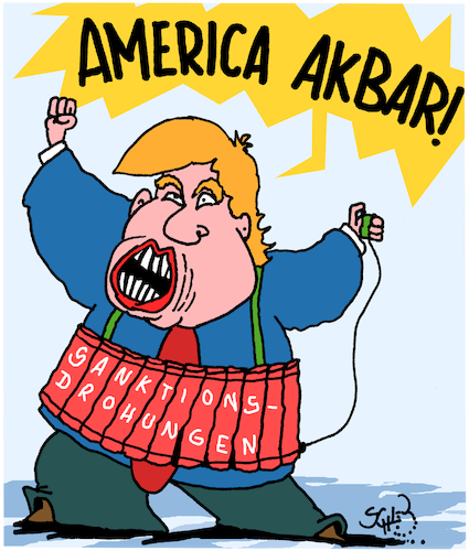 Cartoon: Trump droht (medium) by Karsten Schley tagged sanktionen,erpressung,wirtschaft,embargo,iran,atomabkommen,usa,europa,tump,geld,business,sanktionen,erpressung,wirtschaft,embargo,iran,atomabkommen,usa,europa,tump,geld,business