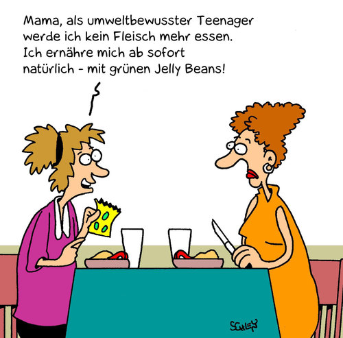 Cartoon: Umweltbewusste Ernährung (medium) by Karsten Schley tagged umwelt,umweltschutz,ernährung,kinder,teenager,gesellschaft,gesundheit,umwelt,umweltschutz,ernährung,kinder,teenager,gesellschaft,gesundheit,natur,familie,mütter,mutter,erziehung,jugendliche,jugend,essen