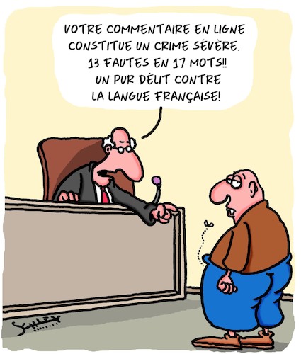 Cartoon: Un pur delit (medium) by Karsten Schley tagged justice,legislation,haine,facebook,medias,orthographe,justice,legislation,haine,facebook,medias,orthographe