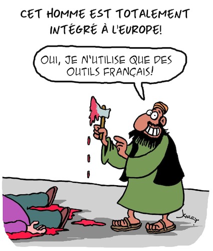 Cartoon: Un vrai European (medium) by Karsten Schley tagged musulmans,terrorisme,extremisme,religion,economie,medias,politique,musulmans,terrorisme,extremisme,religion,economie,medias,politique
