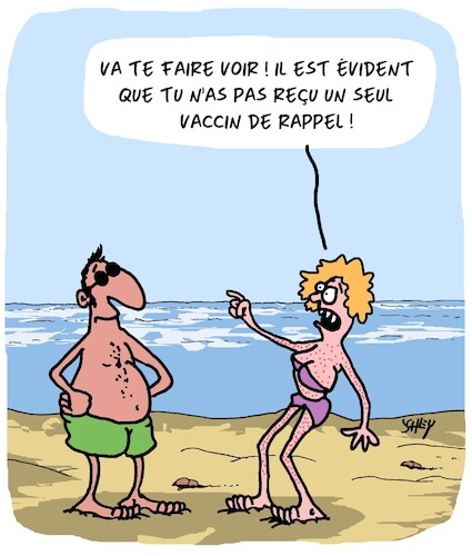 Cartoon: Vaccination de Rappel (medium) by Karsten Schley tagged corona,vaccination,vacances,plage,hommes,femmes,politique,sante,corona,vaccination,vacances,plage,hommes,femmes,politique,sante