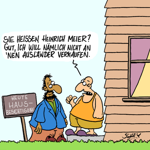 Cartoon: Verkaufen (medium) by Karsten Schley tagged rassismus,ausländer,politik,einwanderung,vorurteile,namen,immoblilien,wohnen,rassismus,ausländer,politik,einwanderung,vorurteile,namen,immoblilien,wohnen