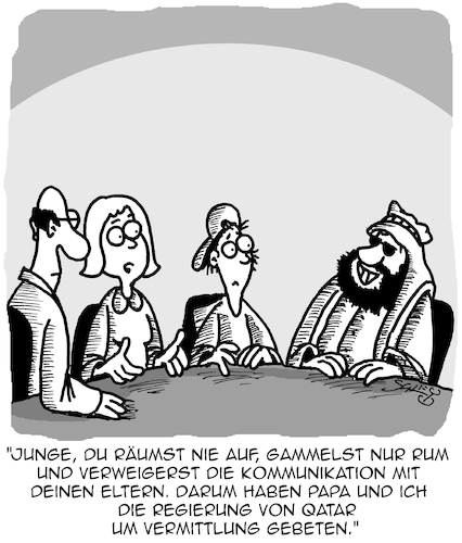 Cartoon: Vermittlung (medium) by Karsten Schley tagged politik,familien,eltern,kinder,erziehung,kommunikation,vermittlung,qatar,politik,familien,eltern,kinder,erziehung,kommunikation,vermittlung,qatar