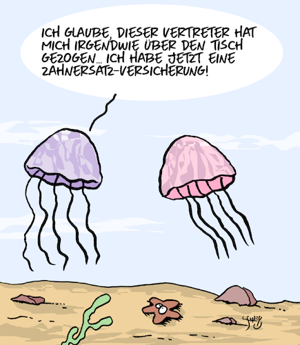 Cartoon: Versicherung (medium) by Karsten Schley tagged versicherungen,gesundheit,zahnmedizim,vertreter,verträge,quallen,meer,versicherungen,gesundheit,zahnmedizim,vertreter,verträge,quallen,meer