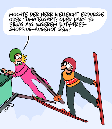 Cartoon: Was darf es sein? (medium) by Karsten Schley tagged winter,wintersport,skispringen,skifliegen,angebote,shopping,flugbegleiterinnen,business,verkaufen,gesellschaft,winter,wintersport,skispringen,skifliegen,angebote,shopping,flugbegleiterinnen,business,verkaufen,gesellschaft