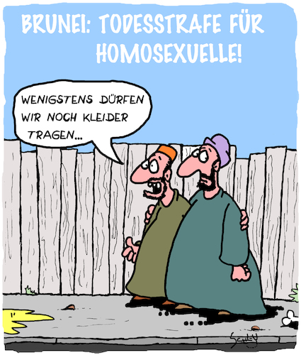 Cartoon: Wenigstens (medium) by Karsten Schley tagged brunei,religion,islam,homophobie,homosexualität,politik,todesstrafe,männer,frauen,beziehungen,scharia,gesellschaft,brunei,religion,islam,homophobie,homosexualität,politik,todesstrafe,männer,frauen,beziehungen,scharia,gesellschaft