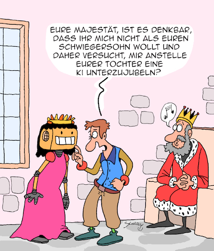 Cartoon: Wirklichkeit oder Fake? (medium) by Karsten Schley tagged prinzen,prinzessinnen,monarchie,ki,technik,forschung,computer,fake,realität,gesellschaft,prinzen,prinzessinnen,monarchie,ki,technik,forschung,computer,fake,realität,gesellschaft