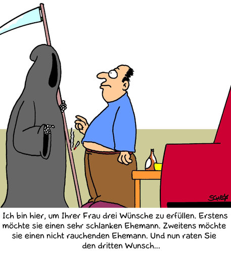 Cartoon: Wünsche (medium) by Karsten Schley tagged liebe,ehe,tod,männer,frauen,beziehungen,rauchen,gesundheit,liebe,ehe,tod,männer,frauen,beziehungen,rauchen,gesundheit